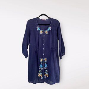 Johnny Was Womens Button Front Tunic Dress Floral Embroidered Size XS